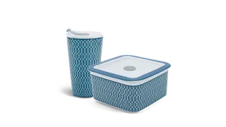 Combo 3: Ly sứ - Hộp dưỡng sinh (hoa văn Indigo) sứ Minh Long
